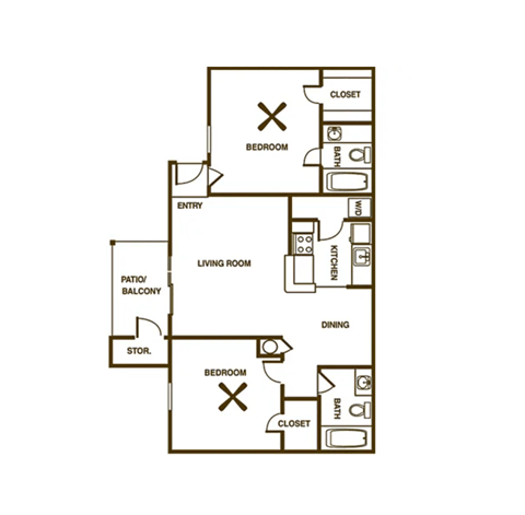 Floor plan for 2 beds, 2 baths, 885 sqft